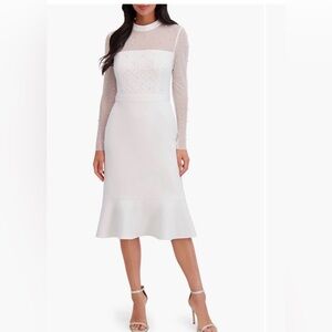 London Times Embellished Illusion Long Sleeve Midi Dress